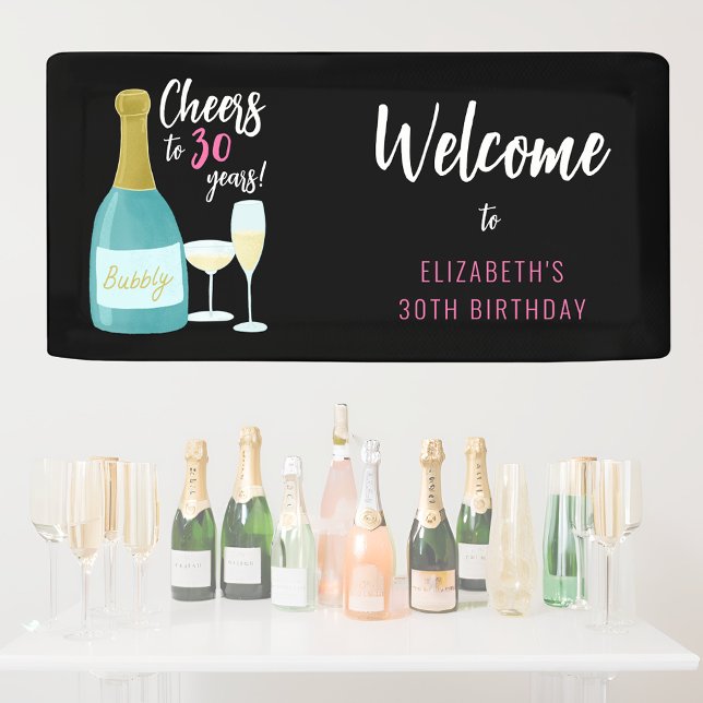 Banderoles Fête du 30e anniversaire de 30 ans (Cheers to 30 years welcome banner for 30th birthday with champagne bubbly bottles and glasses.)