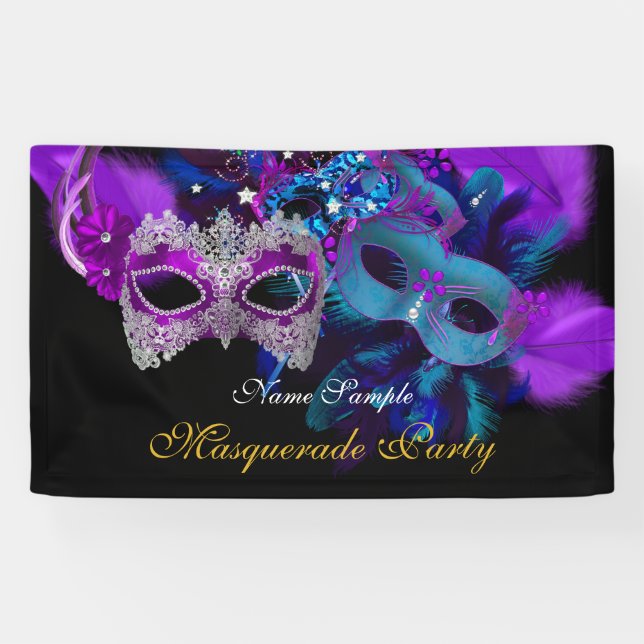 Banderoles Fête Mascarade aux masques violet rose (Horizontal)