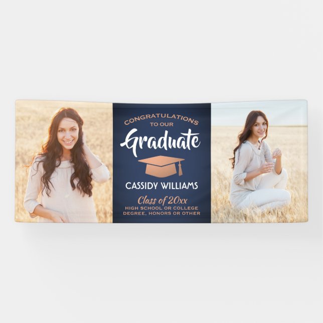 Banderoles Fêtes 2 Photo Marine Bleu Blanc Cuivre Graduation (Horizontal)