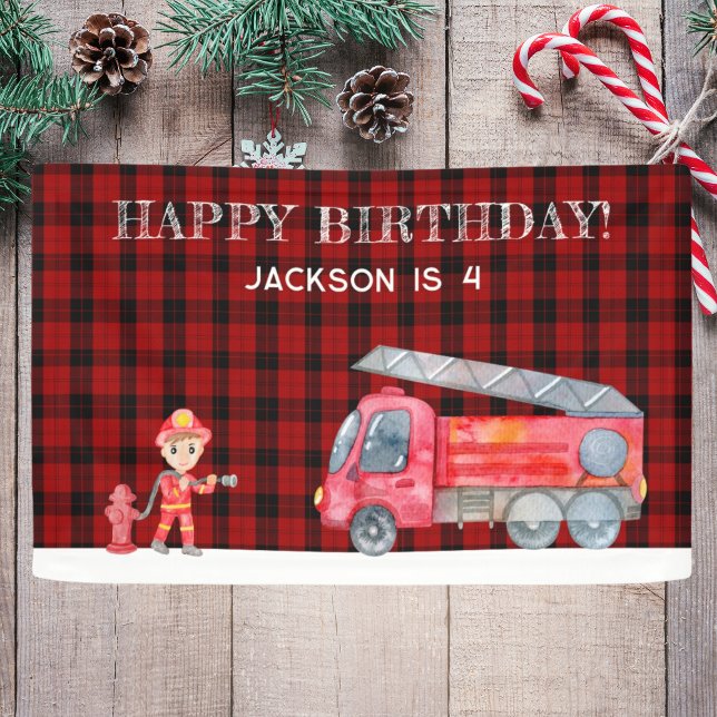 Banderoles Feu de Noël pompier Boys fête d'anniversaire (Fireman Christmas Firetruck Boys birthday Party Banner Modern Firefighter birthday red black flannel)