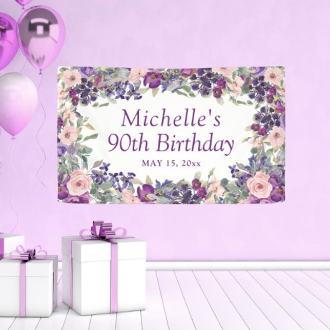 Banderoles Feuillage de couleur rose pourpre 90e anniversaire (Purple and blush pink watercolor floral 90th birthday party banner)