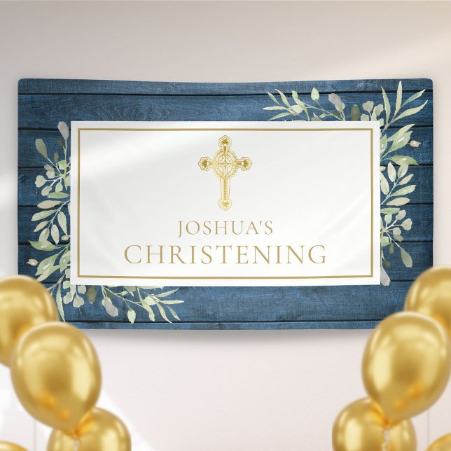 Banderoles Feuillage Rustique Bleu Croix Dorée Baptême Christ (Blue Rustic Foliage Gold Cross Baptism Christening Banner)