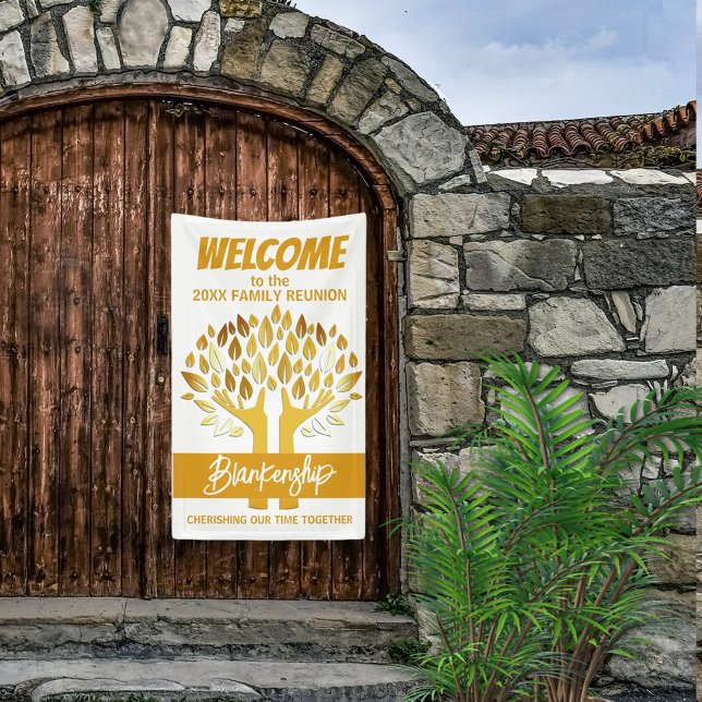 Banderoles Feuilles d'arbre de réunion familiale sur blanc pe (Greet family with hands holding leaves on white with gold text vertical reunion welcome banner.
)