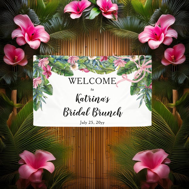 Banderoles Feuilles tropicaux | Brunch nuptial rose (Boho Tropical Hibiscus and Greenery with Pink Coquette Bow Bridal Brunch "Welcome" Banner)