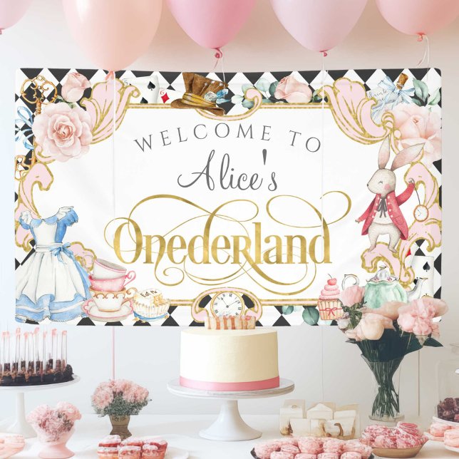 Banderoles Fille 1er anniversaire toile de fond, Alice dans l (Alice Onderland, Girl 1st birthday invitation.)
