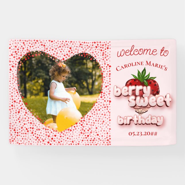 Banderoles Fille aux fraises Berry rose Sweet Birthday Photo (Horizontal)
