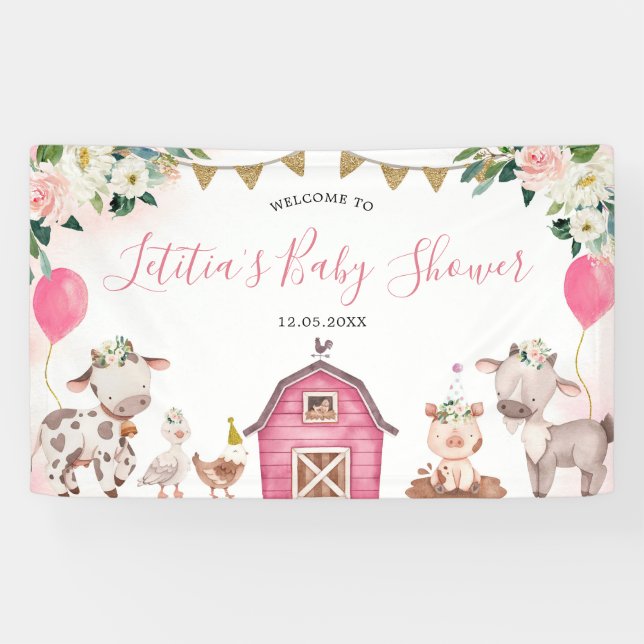 Banderoles Fille Baby shower de ferme rose Grand panneau de b (Horizontal)