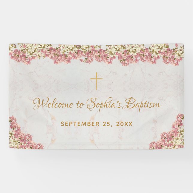 Banderoles Fille Baptême rose Orchidées Florales or Bienvenue (Horizontal)