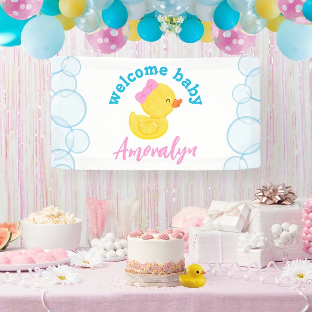 Banderoles Fille Canard en Caoutchouc Bienvenue Bébé Nom Susp (Girl Rubber Duck Welcome Baby Name Hanging Vinyl Baby Shower Banner)