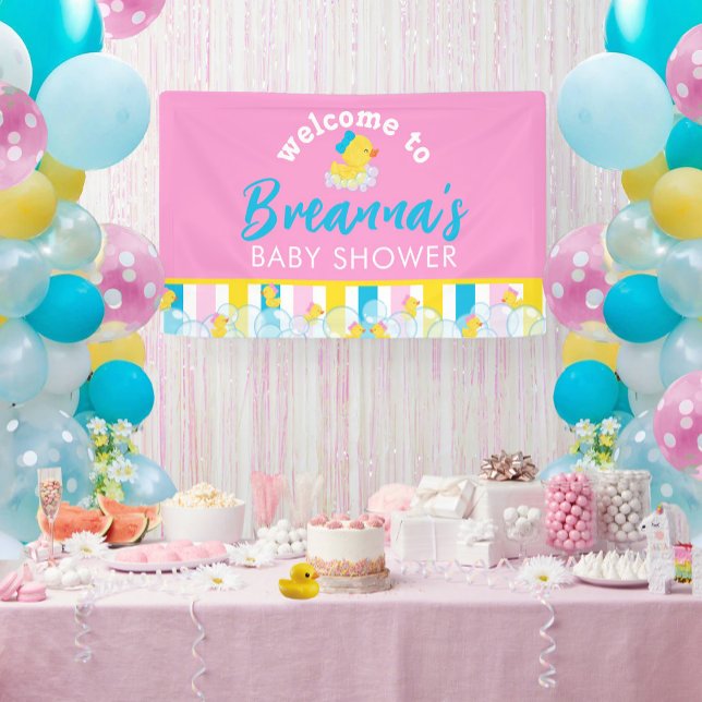 Banderoles Fille Canard en Caoutchouc Bienvenue Suspendue pou (Welcome to Girl Rubber Ducky Hanging Vinyl Baby Shower Banner in Pink)