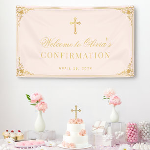 Banderoles Fille Confirmation Pink Faux Gold Cross Bienvenue