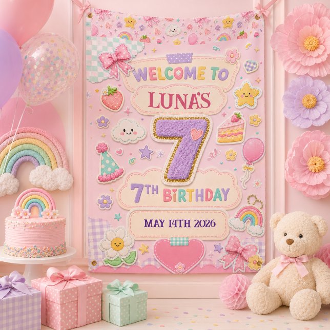 Banderoles Fille d'anniversaire 7 ans Pastel Patchwork Arc-en (Pastel Patchwork Rainbow 7th Birthday Party Girl Banner
)