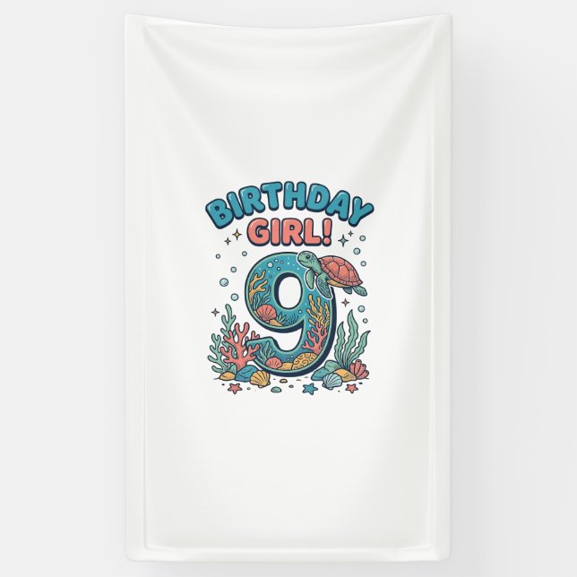 Banderoles Fille d'anniversaire 9 Tortue de mer Vector Design (Vertical)