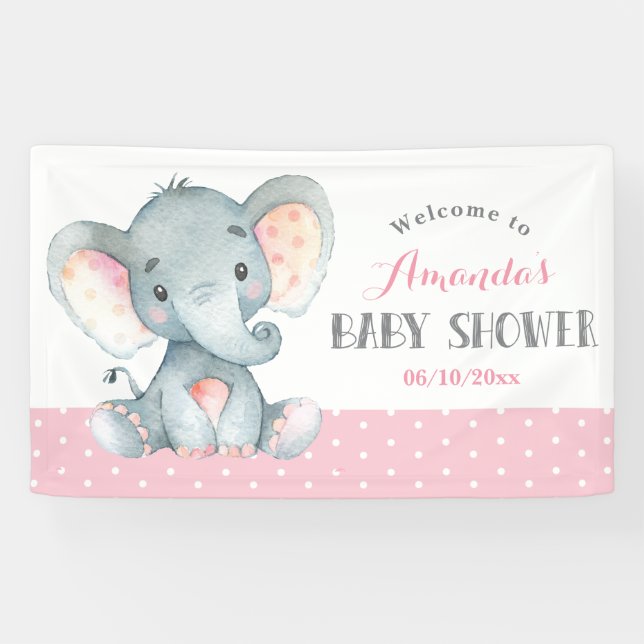 Banderoles Fille Eléphant Baby shower rose et gris (Horizontal)