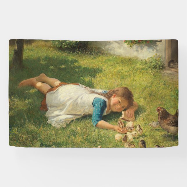 Banderoles Fille Jouer avec des poules (poule et poulet) (Horizontal)