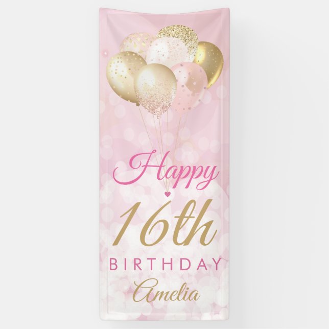 Banderoles Fille Parties scintillant rose Ballons 16e anniver (Vertical)