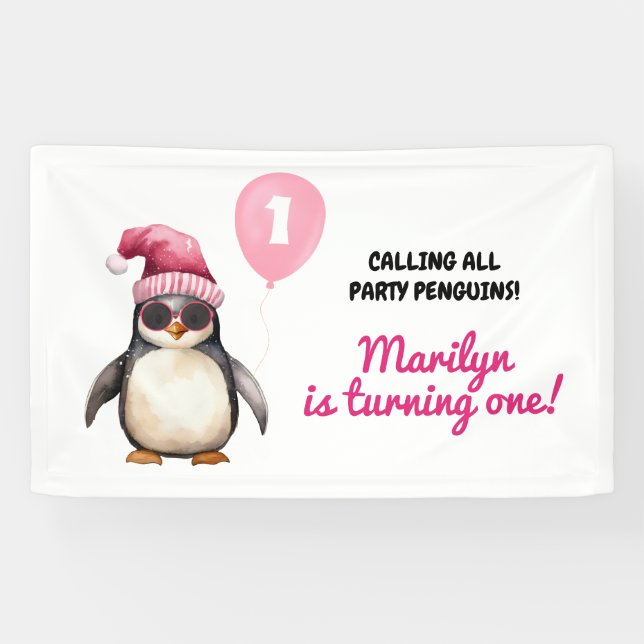 Banderoles Fille premier anniversaire pingouin rose hiver coo (Horizontal)