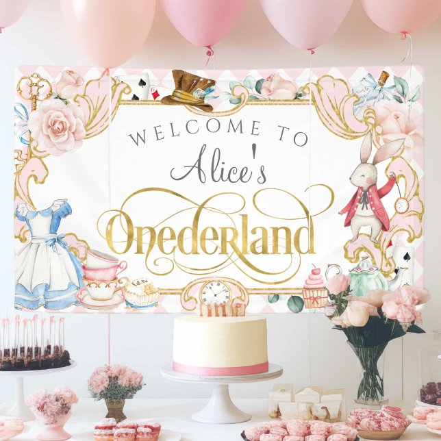 Banderoles Fille rose 1er anniversaire, Alice Onederland Thèm (Girl 1st birthday, Alice in Onederland. Mad Hatter, Tea Party, birthday invites.)