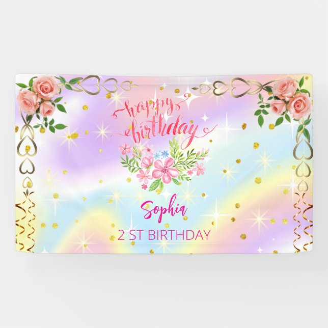 Banderoles fille rose bienvenue aquarelle florale fête d'anni (Horizontal)