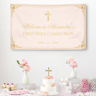 Banderoles Fille Rose Première Communion Croix en Faux Or de
