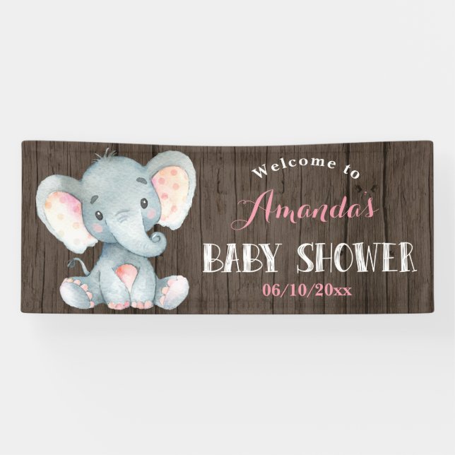 Banderoles Fille rustique Eléphant Baby shower rose et gris (Horizontal)