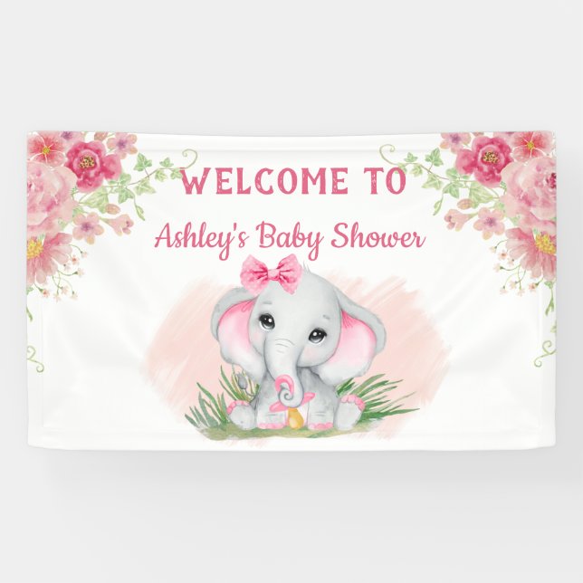 Banderoles Filles Eléphant Rose Baby shower Floral Personnali (Horizontal)
