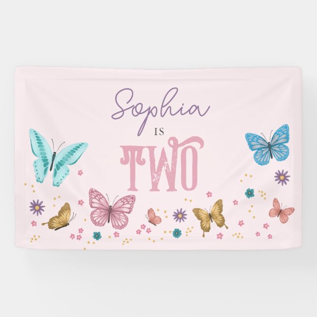 Banderoles Filles mignonne Anniversaire de enfant papillon ro (Horizontal)