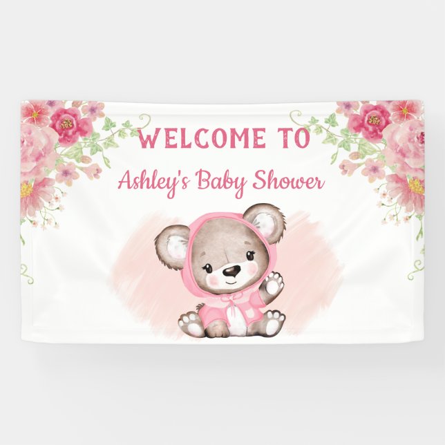 Banderoles Filles Ours Rose Floral Custom Baby shower Bannièr (Horizontal)