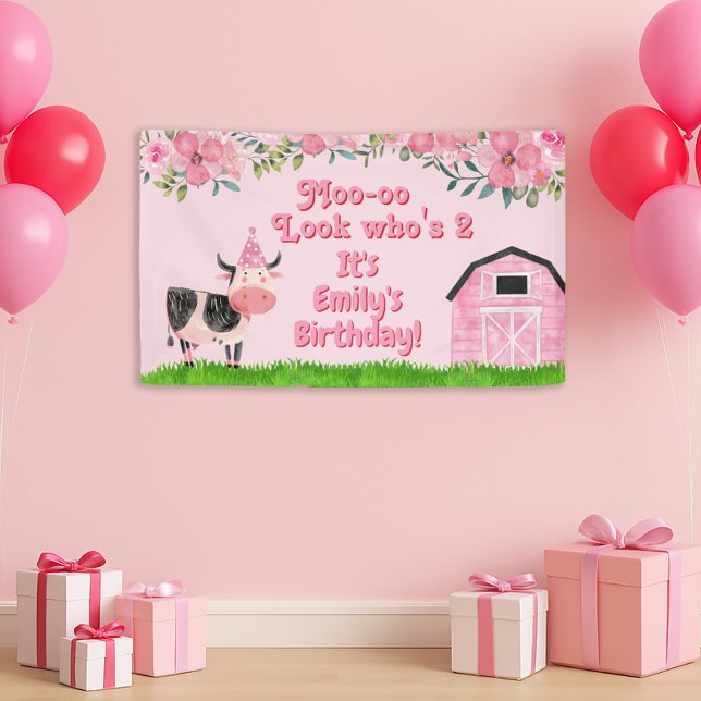 Banderoles Fillettes 2e anniversaire Rose grange à vaches (Moo--oo Look Who's Two little girl's cow/farm animal birthday banner)