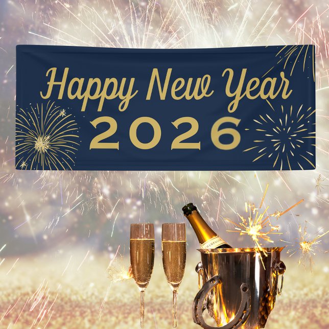Banderoles Fireworks Gold Blue 2025 Bonne fête du Nouvel An (Fireworks Gold Blue 2026 Happy New Year Party Banner
)