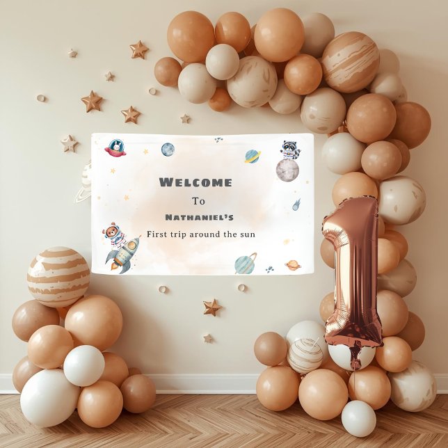 Banderoles First Trip Around the Sun space animals Birthday  (Créateur téléchargé)