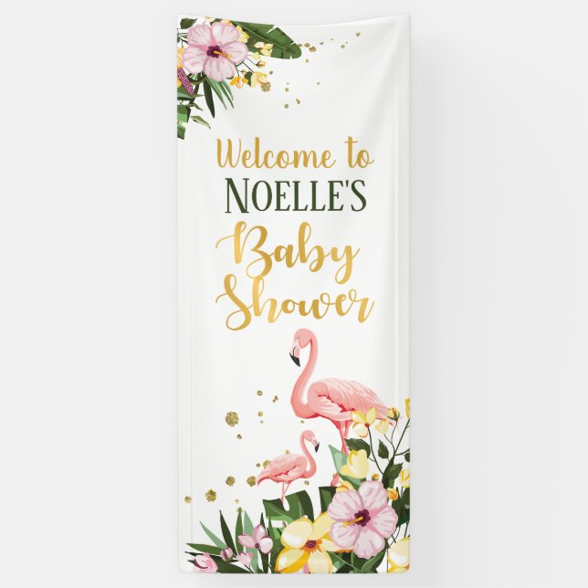 Banderoles Flamant rose rose tropical Baby shower or floral (Vertical)