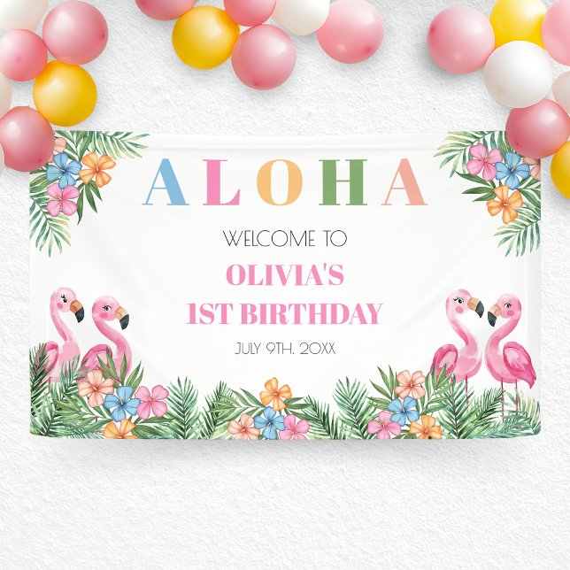 Banderoles Flamant rose tropical Aloha Girl 1er anniversaire  (Tropical Flamingo Aloha Girl 1st Birthday Welcome Banner)