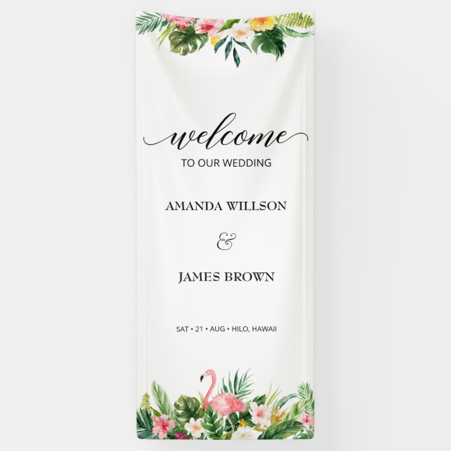 Banderoles Flamant rose tropical et Mariage de script Feuille (Vertical)