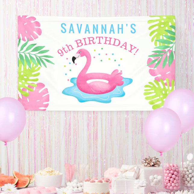 Banderoles Flamant rose Tropical Pool Party Bash Anniversaire (Flamingo Pool Party Birthday Banner)