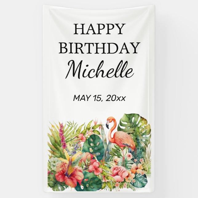 Banderoles Flamingo Fleur Tropicale Joyeux Anniversaire Nom (Vertical)