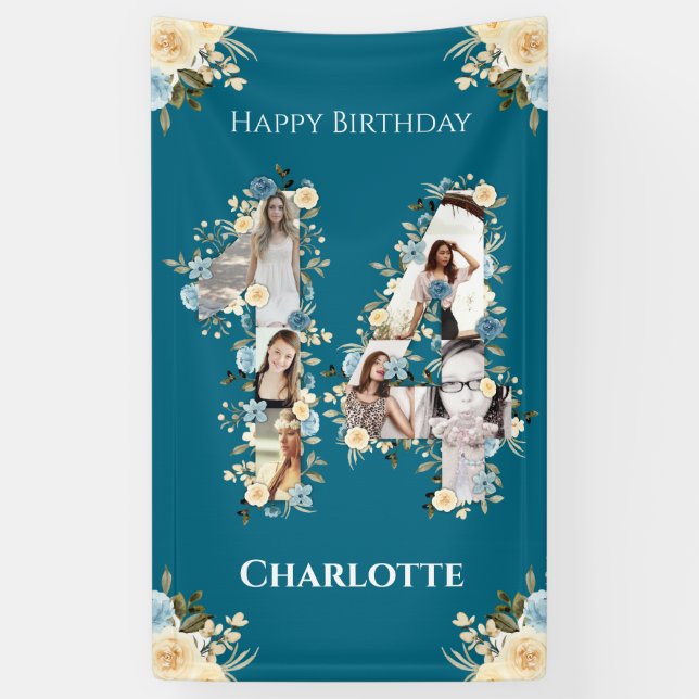 Banderoles Fleur 14e anniversaire Turquoise Photo Collage Jau (Vertical)