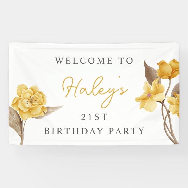 Banderoles Fleur Chic Élégant Simple Jaune 21e Anniversaire (Horizontal)