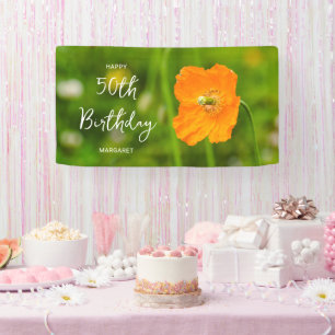 Banderoles Fleur de pavot orange sur fond vert Joyeux 50e ann