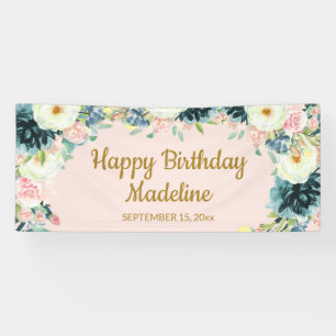 Banderoles Fleur rose sarcelle crème vintage Joyeux Anniversa