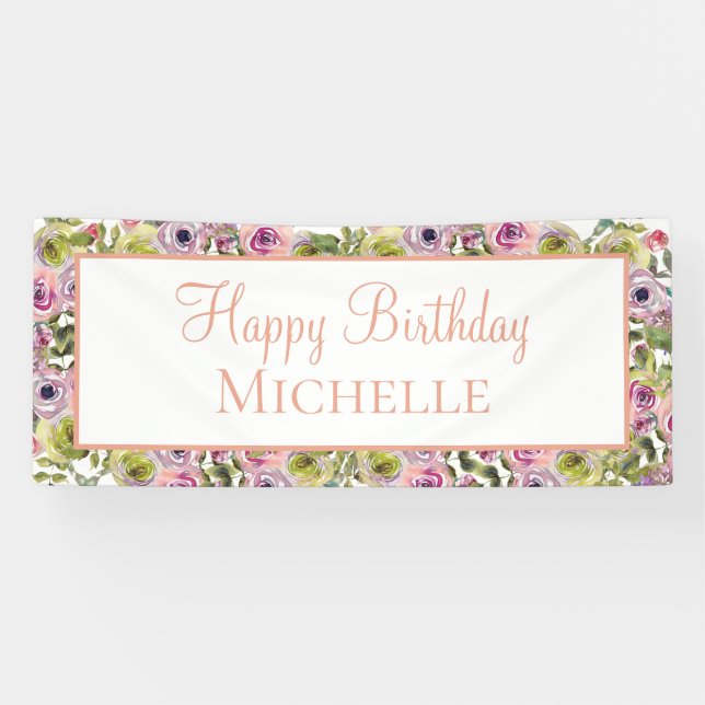 Banderoles Fleur rose violet Joyeux Anniversaire (Horizontal)