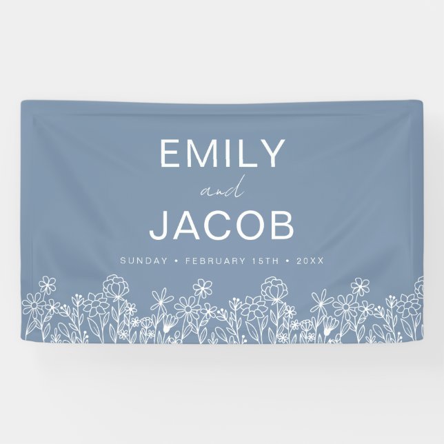Banderoles Fleur sauvage bleu Dusty Mariage Boho en fleur (Horizontal)