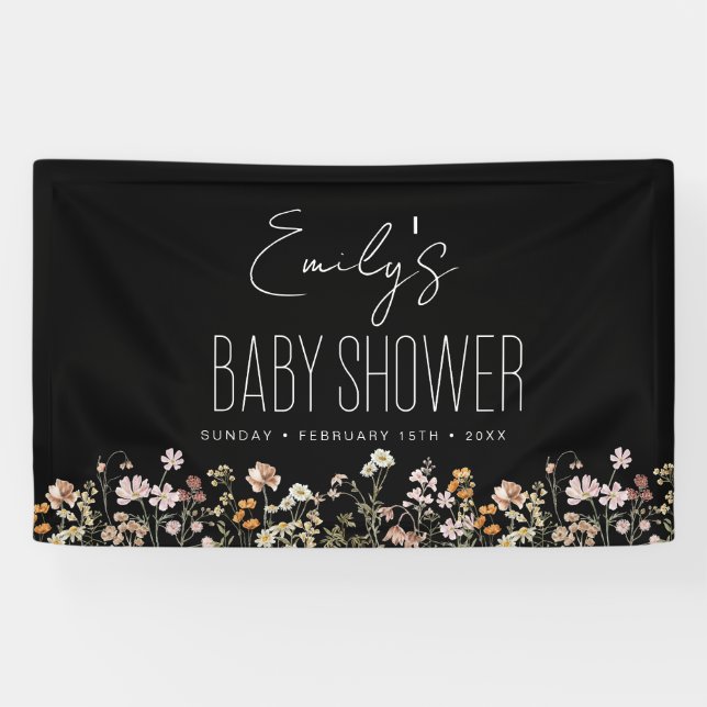 Banderoles Fleur sauvage Boho Baby shower moderne Noir (Horizontal)