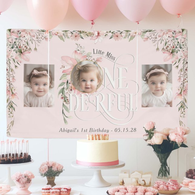 Banderoles Fleur sauvage rose Miss Onederful 1ère Photos fond (Pink Wildflower style, Little Miss Onederful, baby girl 1st birthday backdrop with photos.)