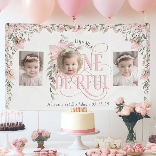 Banderoles Fleur sauvage Thème Miss Onederphotos fond (Little Miss Onederful Themed, Wildflower design style. Birthday backdrop with photos.)