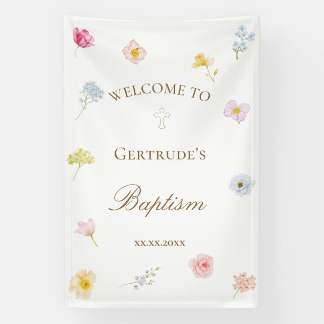 Banderoles fleurs aquarelle Baptême (Verticale)