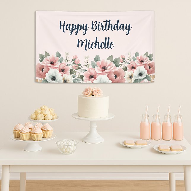 Banderoles Fleurs Aquarelle Blanche Rose Joyeux Anniversaire (Elegant pink and white watercolor floral "Happy birthday" banner)