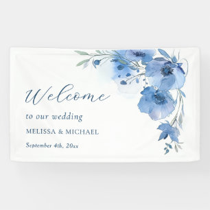 Banderoles Fleurs aquarelles bleues Mariage Bienvenue