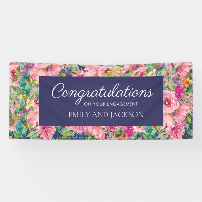 Banderoles Fleurs aquarelles rose bleu pour fiançailles (Horizontal)