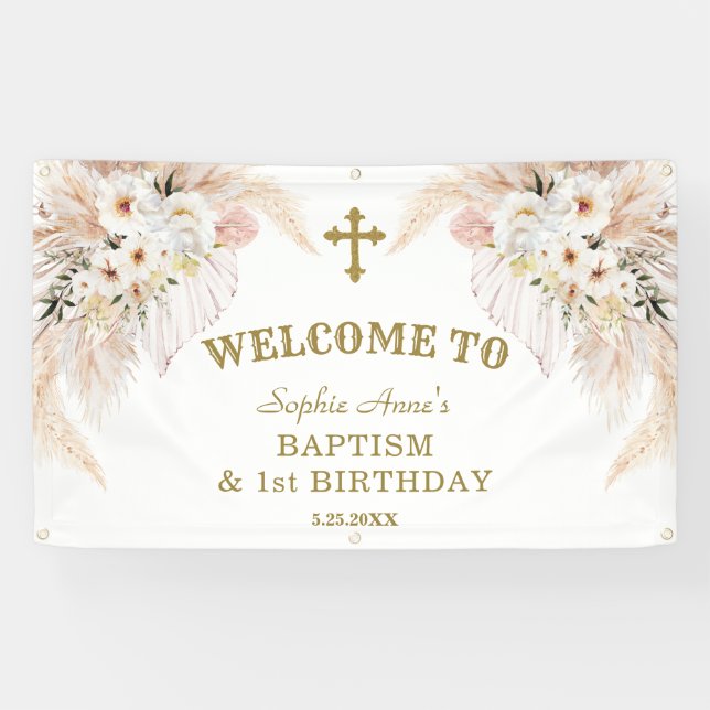 Banderoles Fleurs blanches 1er anniversaire Affiche de bienve (Horizontal)